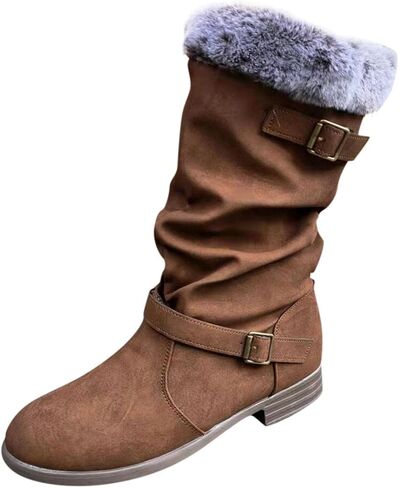 Hbeylia Winter Snow Boots For Women Vintage Slouchy Ruched Leather Metal Buckle Plush Fur Lined Round Toe Chunky Block Low Heels Mid Calf Boots Fashion Fleece Lining Warm Riding Work Short Boots in Kuwait