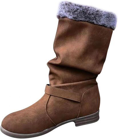 Hbeylia Winter Snow Boots For Women Vintage Slouchy Ruched Leather Metal Buckle Plush Fur Lined Round Toe Chunky Block Low Heels Mid Calf Boots Fashion Fleece Lining Warm Riding Work Short Boots in Kuwait