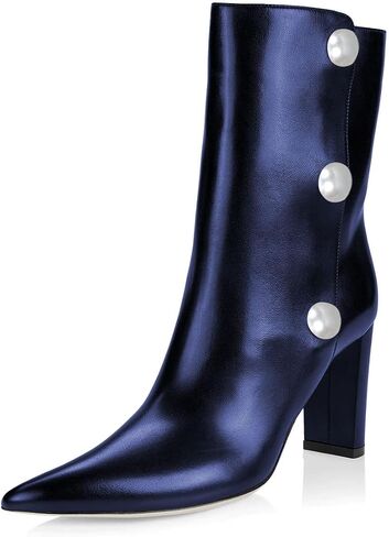 YDN Women Pearl Chunky Mid Heel Booties Pointed Toe Mid Calf Boots Western Cowboy Shoes Size 4-15 US in Saudi Arabia