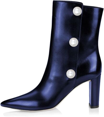 YDN Women Pearl Chunky Mid Heel Booties Pointed Toe Mid Calf Boots Western Cowboy Shoes Size 4-15 US in Saudi Arabia