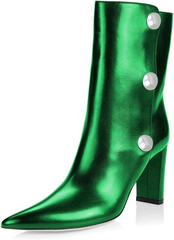YDN Women Pearl Chunky Mid Heel Booties Pointed Toe Mid Calf Boots Western Cowboy Shoes Size 4-15 US in Saudi Arabia