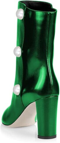 YDN Women Pearl Chunky Mid Heel Booties Pointed Toe Mid Calf Boots Western Cowboy Shoes Size 4-15 US in Saudi Arabia