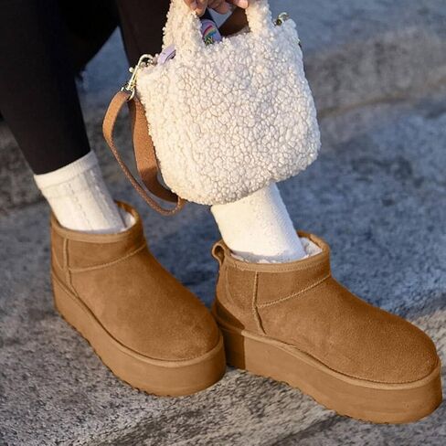 WICDIC Platform Mini Boot For Women Short Ankle Boot Fur Fleece Lined Sneakers Classic Ultra Snow Platform Anti-Slip Boot For Outdoor in Kuwait