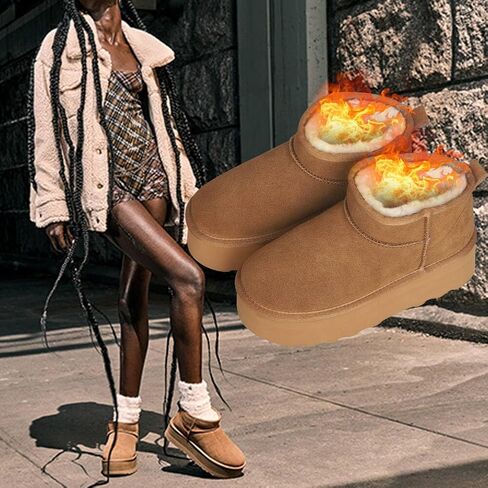 WICDIC Platform Mini Boot For Women Short Ankle Boot Fur Fleece Lined Sneakers Classic Ultra Snow Platform Anti-Slip Boot For Outdoor in Kuwait