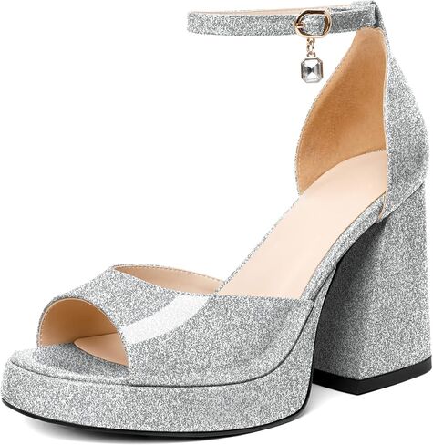 Eldof Platform Chunky Heels for Women Open Toe Heeled Sandals Ankle Strap Chunky High Heels Wedding Event Party Dress Shoes 4 Inches in Saudi Arabia