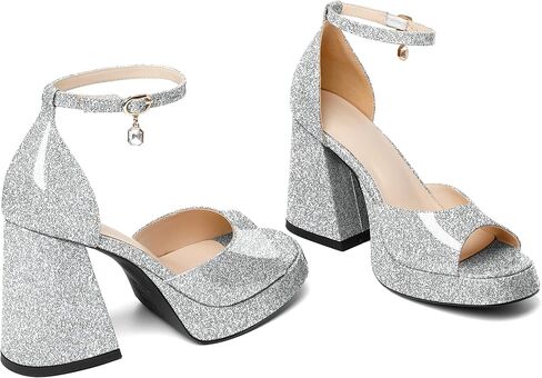 Eldof Platform Chunky Heels for Women Open Toe Heeled Sandals Ankle Strap Chunky High Heels Wedding Event Party Dress Shoes 4 Inches in Saudi Arabia