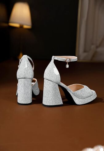 Eldof Platform Chunky Heels for Women Open Toe Heeled Sandals Ankle Strap Chunky High Heels Wedding Event Party Dress Shoes 4 Inches in Saudi Arabia
