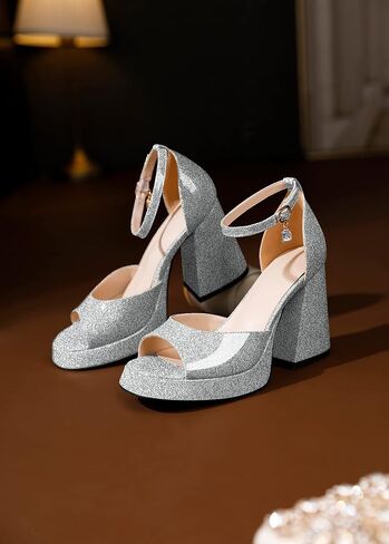 Eldof Platform Chunky Heels for Women Open Toe Heeled Sandals Ankle Strap Chunky High Heels Wedding Event Party Dress Shoes 4 Inches in Saudi Arabia