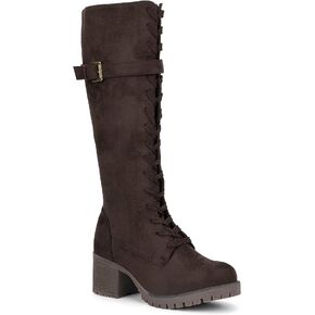 Olivia Miller Women's Fashion Shoes, Faux PU Leather Side Zipper Lug Sole Lace Up Chunky Block Heel Round Toe Casual Classic Knee High Ankle Boots