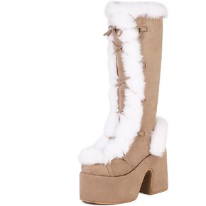 CELNEPHO Knee High Boots For Womens Side Zipper Warm Faux Fur Platform Chunky Heel Punk Goth Walking Winter Snow Boots in Kuwait