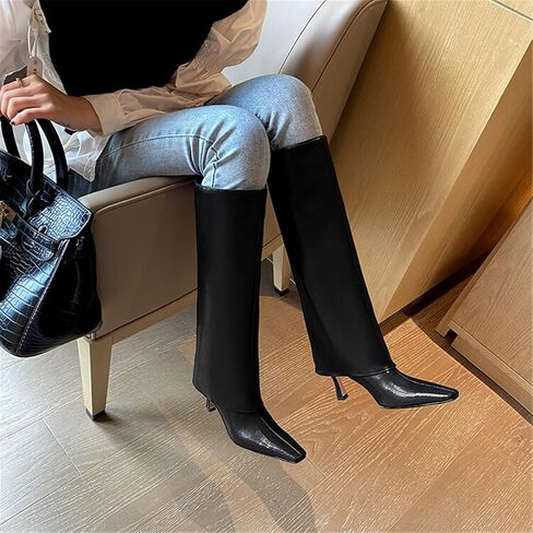 جوليتا حذاء نسائي بكعب عالي حتى الركبة بمقدمة مربعة سهل الارتداء وقابل للطي مصنوع من الجلد بخياطة مريحة in Kuwait