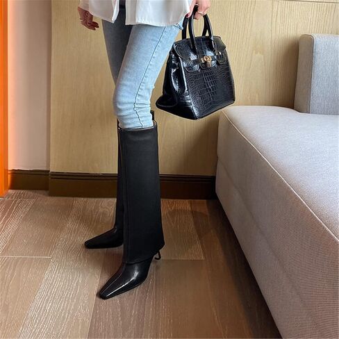 جوليتا حذاء نسائي بكعب عالي حتى الركبة بمقدمة مربعة سهل الارتداء وقابل للطي مصنوع من الجلد بخياطة مريحة in Kuwait