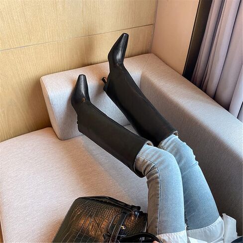 جوليتا حذاء نسائي بكعب عالي حتى الركبة بمقدمة مربعة سهل الارتداء وقابل للطي مصنوع من الجلد بخياطة مريحة in Kuwait