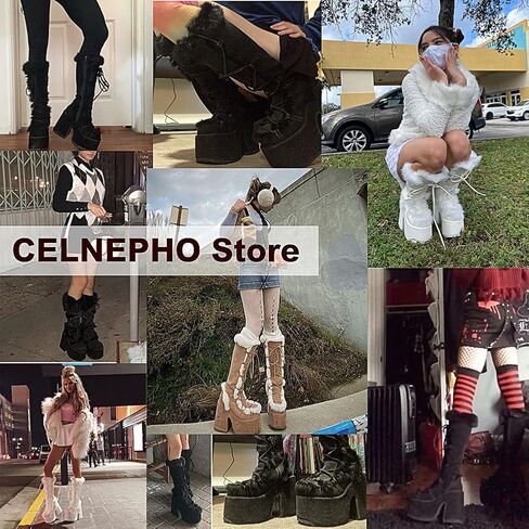 CELNEPHO Knee High Boots For Womens Side Zipper Warm Faux Fur Platform Chunky Heel Punk Goth Walking Winter Snow Boots in Kuwait