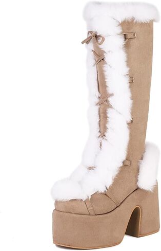 CELNEPHO Knee High Boots For Womens Side Zipper Warm Faux Fur Platform Chunky Heel Punk Goth Walking Winter Snow Boots in Kuwait