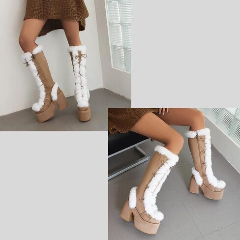 CELNEPHO Knee High Boots For Womens Side Zipper Warm Faux Fur Platform Chunky Heel Punk Goth Walking Winter Snow Boots in Kuwait