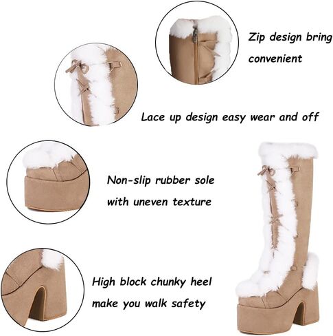 CELNEPHO Knee High Boots For Womens Side Zipper Warm Faux Fur Platform Chunky Heel Punk Goth Walking Winter Snow Boots in Kuwait