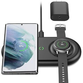 شاحن لاسلكي، وسادة شحن لاسلكية مزدوجة يوتيك لساعة سامسونج جالاكسي 4 كلاسيك/3/أكتيف2/1، جير S4/S3/سبورت، جالاكسي بادز 2/برو/لايف، شاحن سريع غالاكسي S22/S21/S20/S10/S9 (مع محول سريع) in Kuwait
