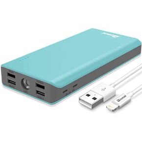 BONAI Portable Charger, 30000mAh Capacity External Battery Pack with Flashlight & 4-USB Outputs & Dual Inputs & 2 8-Pin Cables, Power Bank Fast Charging for iPhone Samsung Android Phone iPad etc-Green