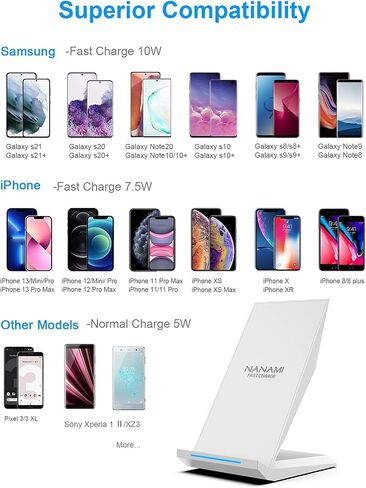 NANAMI Fast Wireless Charger Charging Stand with 20W PD Adapter | NightStand Phone Charger Dock for iPhone 17/17 Pro/17 Pro Max/16/16 Plus/15/14, 10W for Samsung Galaxy S26/S26+/S25/S24 in Kuwait