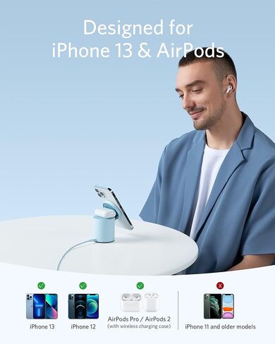 شاحن لاسلكي مغناطيسي من Anker، قاعدة شحن لاسلكية 623 MagGo 2 في 1 مع شاحن USB-C بقدرة 20 وات، لهاتف iPhone 13/13 Pro / 13 Pro Max / 13 Mini/iPhone 12/12 Pro، وAirPods Pro (رمادي بين النجوم) in Kuwait