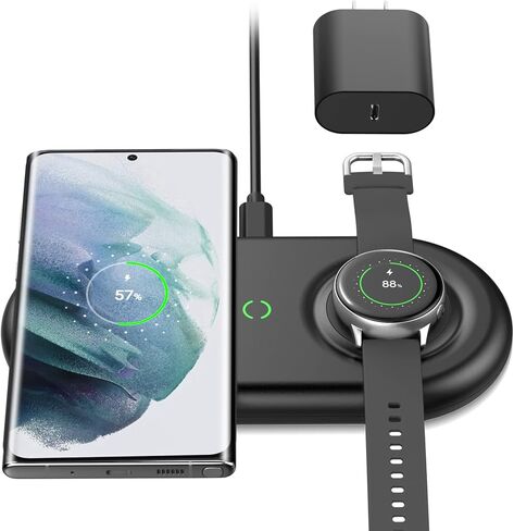 شاحن لاسلكي، وسادة شحن لاسلكية مزدوجة يوتيك لساعة سامسونج جالاكسي 4 كلاسيك/3/أكتيف2/1، جير S4/S3/سبورت، جالاكسي بادز 2/برو/لايف، شاحن سريع غالاكسي S22/S21/S20/S10/S9 (مع محول سريع) in Kuwait