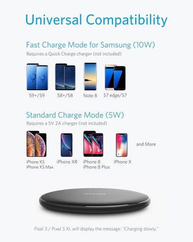 Anker 10W Max Wireless Charger, 313 Wireless Charger (Pad), Qi-Certified Wireless Charging for iPhone 12/12 Pro/12 mini/12 Pro Max, 10W Fast Charging Galaxy S20 S10 S9 S8, Note 10 (No AC Adapter) in Saudi Arabia