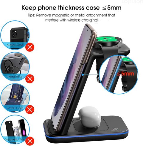 Wireless Charging Station for Samsung, Lopuion 3 in 1 Fast Wireless Charger Stand for Samsung S22/+/Ultra/S21/S20/S10, Portable Wireless Charger for Samsung Watch 4/3/Active 2/1 Galaxy Buds 2/Pro/Live in Saudi Arabia