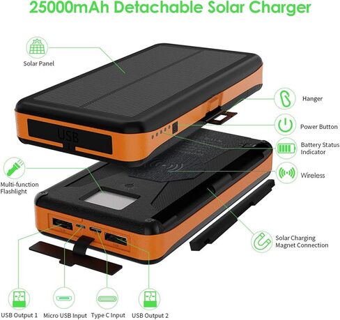 شاحن بنك الطاقة الشمسية X-DRAGON Qi اللاسلكي بقدرة 25000 مللي أمبير في الساعة مع 4 ألواح شمسية مقاومة للماء وبطارية احتياطية خارجية محمولة مع مخرجات ومدخلات مزدوجة، مصباح يدوي LED للهواتف الذكية والأجهزة اللوحية والمزيد in Kuwait