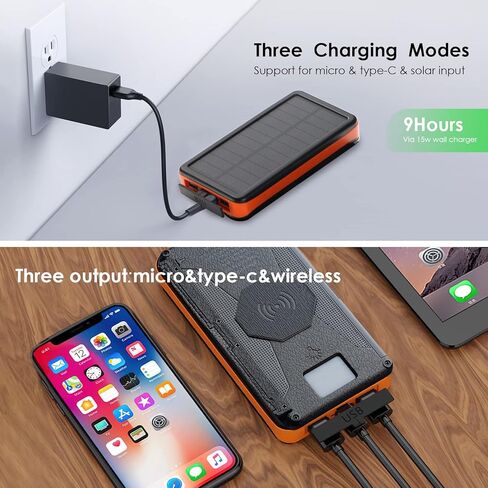 شاحن بنك الطاقة الشمسية X-DRAGON Qi اللاسلكي بقدرة 25000 مللي أمبير في الساعة مع 4 ألواح شمسية مقاومة للماء وبطارية احتياطية خارجية محمولة مع مخرجات ومدخلات مزدوجة، مصباح يدوي LED للهواتف الذكية والأجهزة اللوحية والمزيد in Kuwait