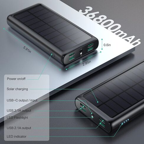 Portable Charger 36800mAh, USB C Input/Output Power Bank, 5 Outputs Battery Pack, IP65 Solar Charger with LED Flashlight, Solar Power Bank Compatible with iPhone 13 12 11 LG Samsung S20 Google in Saudi Arabia