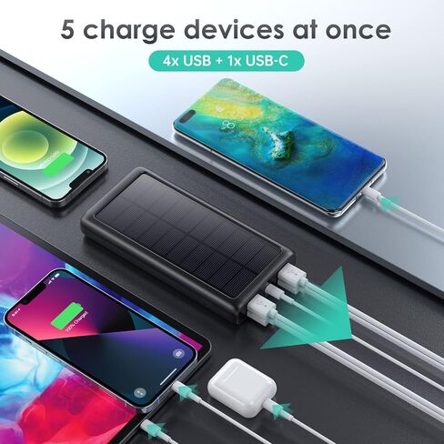 Portable Charger 36800mAh, USB C Input/Output Power Bank, 5 Outputs Battery Pack, IP65 Solar Charger with LED Flashlight, Solar Power Bank Compatible with iPhone 13 12 11 LG Samsung S20 Google in Saudi Arabia