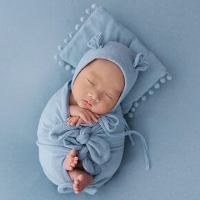 Newborn Photography Wraps Boy Girl Photoshoot Newborn Photography Props Outfits Baby Knit Posing Bear Hat Set of 4