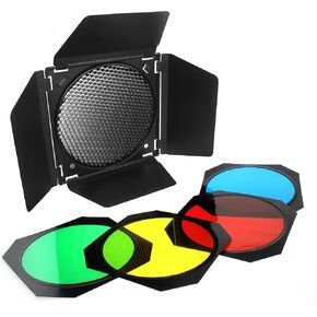 fotoconic BD-04 Barn Door Barndoor with Honeycomb Grid and 4 Color Gel Filters (Red Yellow Blue Green) for 7 Inch Standard Reflector in Kuwait