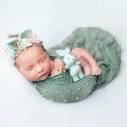 M&G House Newborn Photography Props Wrap Handmade Pearl Decor Wrap Blanket for Baby Photo Props 35.5 X 67 Inch Newborn Photo Shoot Outfits Wraps Baby Photoshoot Props(Bean Green) in Saudi Arabia