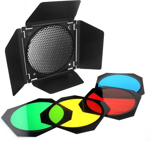 fotoconic BD-04 Barn Door Barndoor with Honeycomb Grid and 4 Color Gel Filters (Red Yellow Blue Green) for 7 Inch Standard Reflector in Saudi Arabia