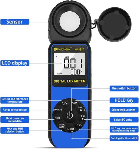 HOLDPEAK 881D Illuminance Light Meter, Digital Lux Foot Candles Meter 0.1~400,000 Lux (0.1~40,000 FC) with 270º Rotatable Detector, Par Meter Luxmeter for Plants LED Lights Indoor Outdoor Light Tester in Kuwait