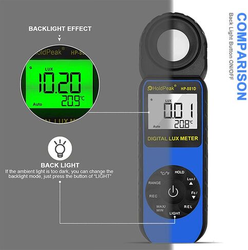 HOLDPEAK 881D Illuminance Light Meter, Digital Lux Foot Candles Meter 0.1~400,000 Lux (0.1~40,000 FC) with 270º Rotatable Detector, Par Meter Luxmeter for Plants LED Lights Indoor Outdoor Light Tester in Kuwait