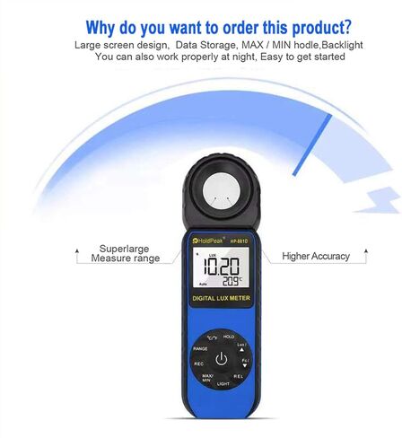 HOLDPEAK 881D Illuminance Light Meter, Digital Lux Foot Candles Meter 0.1~400,000 Lux (0.1~40,000 FC) with 270º Rotatable Detector, Par Meter Luxmeter for Plants LED Lights Indoor Outdoor Light Tester in Kuwait