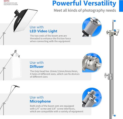 Neewer Extension Grip Arm Boom Arm with 2 Pieces Grip Heads - 50 inches/127 Centimeters Aluminum Alloy Construction for Light Stand,Reflector and Other Equipment for Studio Video Photography(Silver) in Saudi Arabia