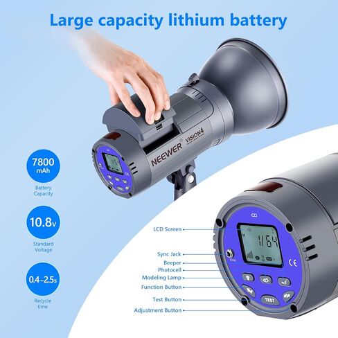 Neewer Vision 4 300W Outdoor Studio Flash Strobe Li-ion Battery Powered Cordless Monolight with 2.4G Wireless Trigger, 1000 Full Power Flashes, Recycle in 0.4-2.5 Sec, Bowens Mount in Kuwait