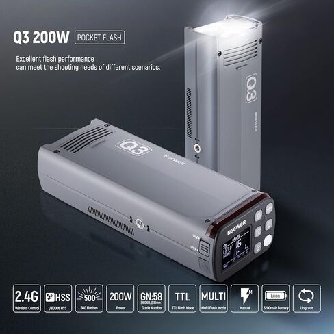 NEEWER Q3 200Ws 2.4G TTL Flash (الإصدار الثاني)، 1/8000 HSS GN58 ستروب ضوء التصوير الفوتوغرافي المحمول Monolight مع ناشر Softbox / بطارية ليثيوم 3200 مللي أمبير / 500 قوة كاملة / إعادة التدوير في 0.01-1.8 ثانية in Kuwait