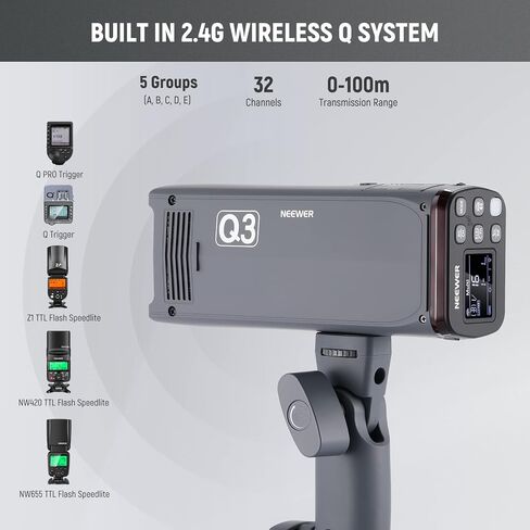 NEEWER Q3 200Ws 2.4G TTL Flash (الإصدار الثاني)، 1/8000 HSS GN58 ستروب ضوء التصوير الفوتوغرافي المحمول Monolight مع ناشر Softbox / بطارية ليثيوم 3200 مللي أمبير / 500 قوة كاملة / إعادة التدوير في 0.01-1.8 ثانية in Kuwait