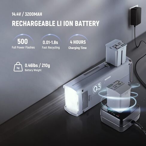 NEEWER Q3 200Ws 2.4G TTL Flash (الإصدار الثاني)، 1/8000 HSS GN58 ستروب ضوء التصوير الفوتوغرافي المحمول Monolight مع ناشر Softbox / بطارية ليثيوم 3200 مللي أمبير / 500 قوة كاملة / إعادة التدوير في 0.01-1.8 ثانية in Kuwait