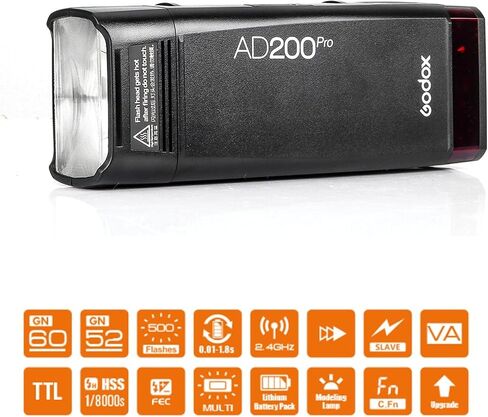غودوكس فلاش فلاش AD200 برو AD200Pro 200Ws 2.4G، 1/8000 HSS، 500 فلاش كامل الطاقة، 0.01-1.8 ثانية، بطارية 2900mAh، لمبة عارية/سبيدلايت فريسنل رأس فلاش احادي in Kuwait