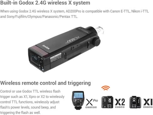 غودوكس فلاش فلاش AD200 برو AD200Pro 200Ws 2.4G، 1/8000 HSS، 500 فلاش كامل الطاقة، 0.01-1.8 ثانية، بطارية 2900mAh، لمبة عارية/سبيدلايت فريسنل رأس فلاش احادي in Kuwait