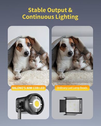 رالينو مصباح فيديو LED 80 واط، مع مروحة تبريد فعالة، اضاءة مستمرة 5600 كلفن سي ار اي 95+ سطوع قابل للتعديل، حامل بوينز لتسجيل الفيديو والتصوير في الهواء الطلق ومقابلات يوتيوب in Kuwait