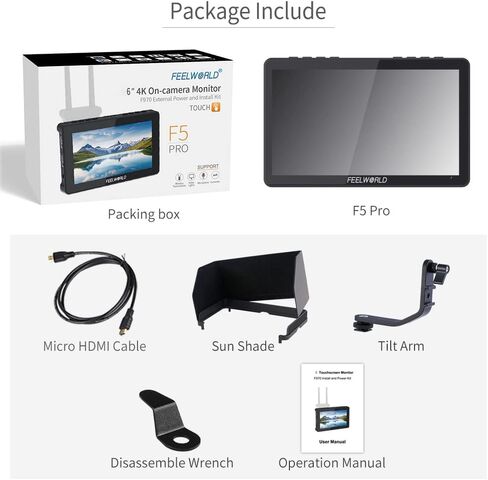 فيل وورلد شاشة ميدانية F5 برو V4 مقاس 6 انش 1920×1080 IPS تعمل باللمس وكاميرا دي اس ال ار ومنفذ HDMI 4K وشكل موجي ثلاثي الابعاد وLUT وRec.709 قياسي مع ذراع امالة للبث المباشر والتقاط الصور والفيديو in Saudi Arabia