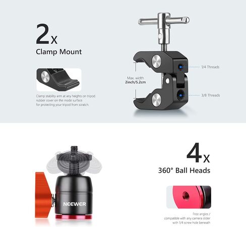 Neewer Camera Slider Support Arm Stabilizer, 2-Pack Adjustable Tripod Stability Arm for Increasing Stability in Aluminum Alloy, Extendable Poles for Camera Video Slider Rail with C Clamps and BallHead in Saudi Arabia