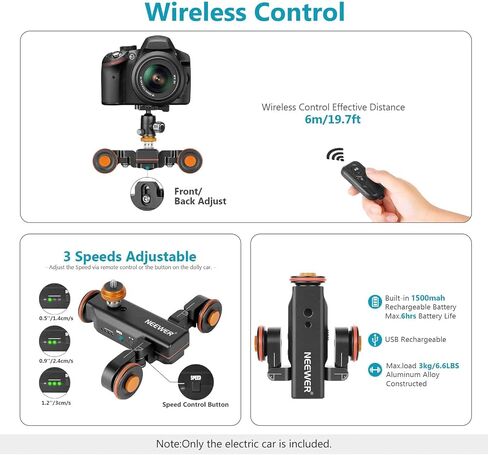Neewer 3-Wheels Wireless Video Camera Dolly, 3-Speed Motorized Electric Track Rail Slider Dolly Car with Remote Control, Compatible with DSLR Camera, Camcorder, Gopro, iPhone, and Android Smartphone in Saudi Arabia